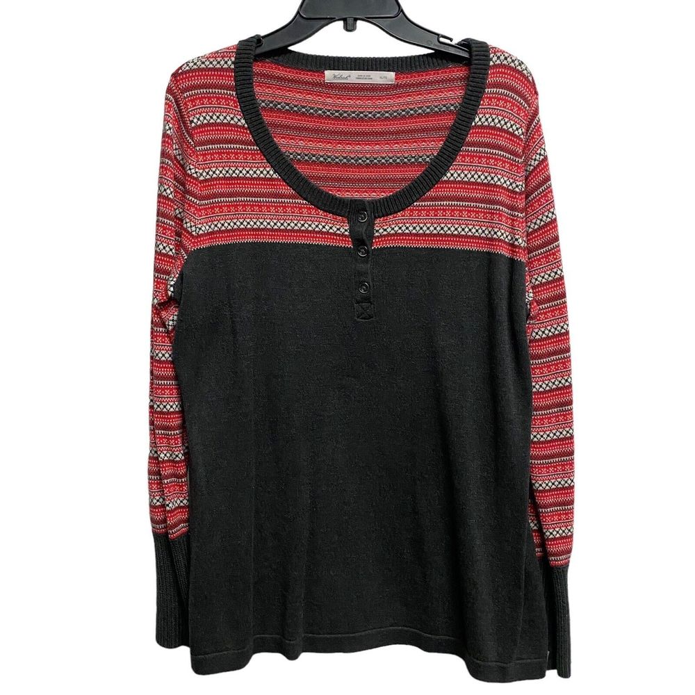 Woolrich Sweater Women's XL TG Gray Red‎ Fair Aisle Button Henley Cotton Blend